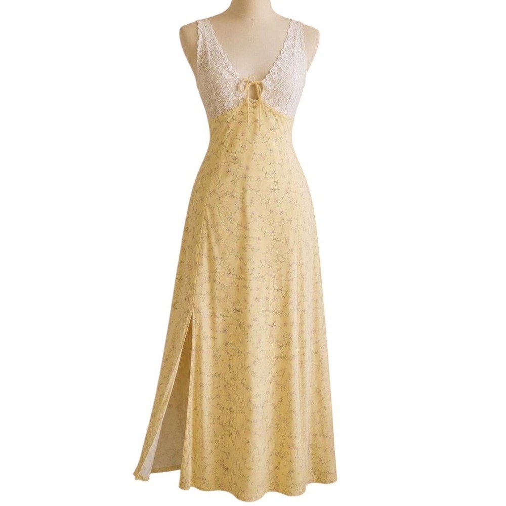 Kirious Los Angeles Womens XL Butter Yellow Floral Lace Trim Mesh Maxi Dress NWT